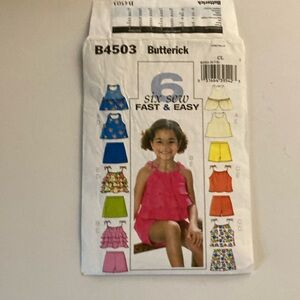 Butterick B4503 fast & easy pattern top skirt shorts girls 6, 7, 8